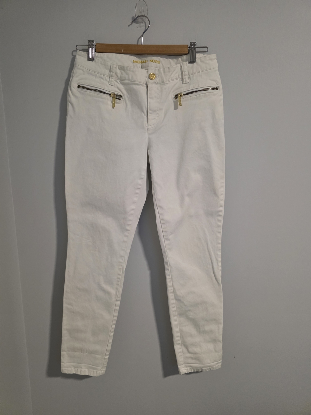 Michael Kors White Skinny Ankle Pants Gold Zip Detail Size 6